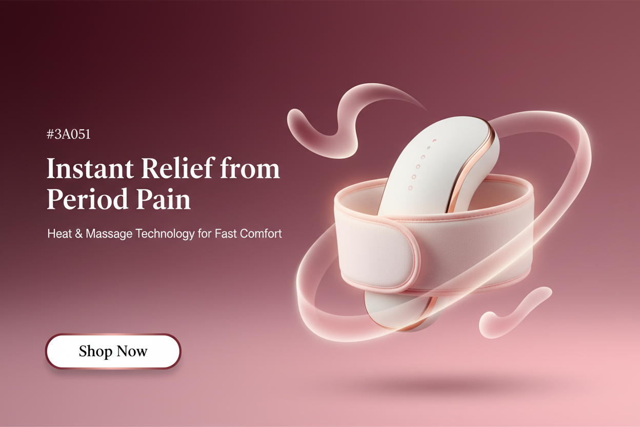 the menstrual cramp relief heating belt (use uploaded image). Use a smooth blend of #3A0519, #670D2F, #A53860, #EF88AD with soft glow and curved shapes showing pain relief. Place product center/right with soft lighting. Add headline “Instant Relief from Period Pain”, sub-headline “Heat & Massage Technology for Fast Comfort,” and a modern Shop Now button. Style: minimal, elegant, soothing.