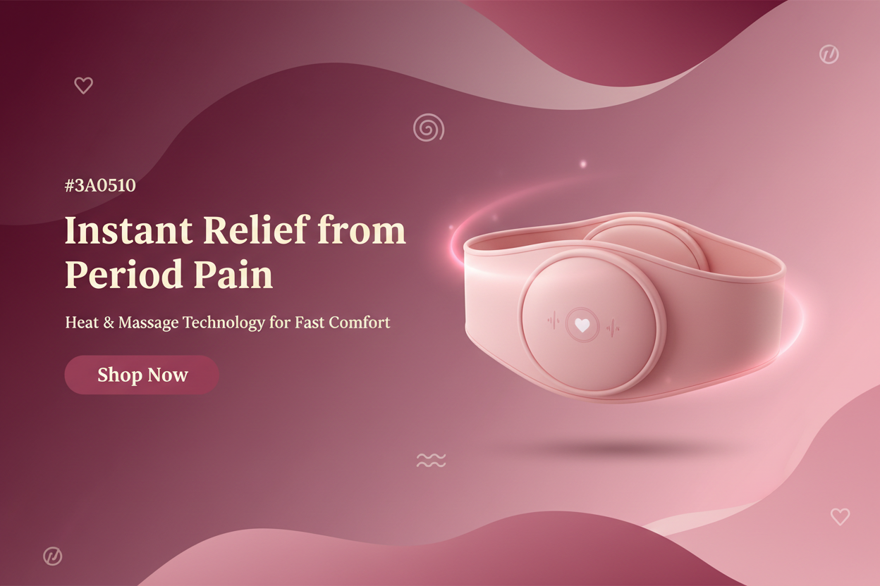 Design a 1400×600 px elegant, feminine hero banner using smooth gradients of #3A0519, #670D2F, #A53860, #EF88AD. Feature the menstrual cramp relief heating belt (with uploaded product image) on the center/right with soft, realistic lighting. Add gentle abstract elements—pink glow, curves, or comfort icons—to show relief from period pain. Include bold headline “Instant Relief from Period Pain”, sub-text “Heat & Massage Technology for Fast Comfort,” and a clean Shop Now button. Style: premium, calm, eye-catch